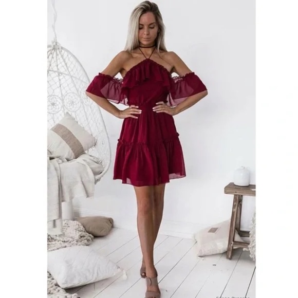 Two Sisters The Label Halter Burgundy Chiffon Off the Shoulder Dress - Size 6 - Picture 3 of 10